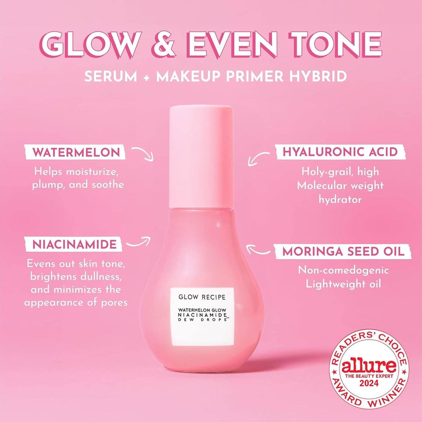 Glow Recipe Watermelon Niacinamide Dew Drops, Korean Niacinamide Serum Drops, Hydrating Face Serum + Primer & Liquid Highlighter, Hyaluronic Acid, Dewy Glow (40ml)